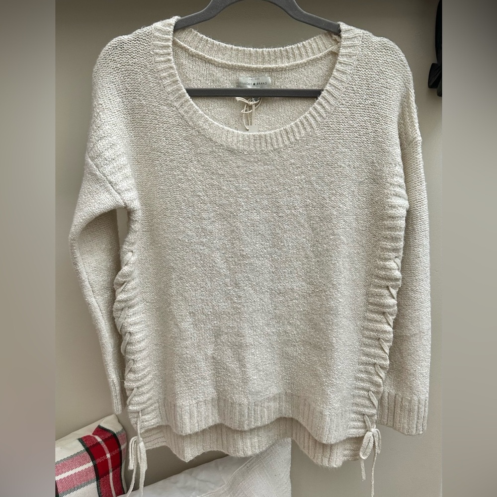 NWT Lucky Brand Cream Ivory Sparkle Sweater with Side Ties Sz M $90
